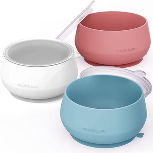 NumNum Suction Bowls for Babies & Toddlers, Extra Strong Non-Slip Suction, 100% Food-Grade Silicone, BPA-Free, Microwave & Dishwasher Safe, Baby-Led Weaning Bowl, 3-Pack With Lid, Blue/Mauve/White