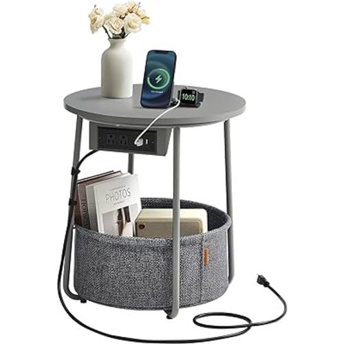 VASAGLE Side Table with Charging Station, Round End Table With Fabric Basket, Nightstand with Power Outlets USB Ports, for Living Room, Bedroom, Modern, Dove Gray and Slate Gray ULET228G01