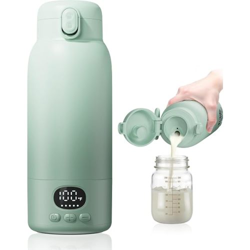 Portable Bottle Warmer - Dual Heating Modes for Breast Milk & Water, 17 Ounces, Fast Heating, Long Lasting Battery, Ideal for Travel, Outdoor, Baby Shower, Light Green