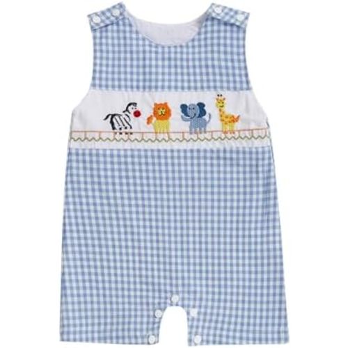 Karuedoo Newborn Baby Boy Summer Clothes Animal Embroidery Plaid Sleeveless Romper Jumpsuit Overall Bodysuit One-Piece Outfit