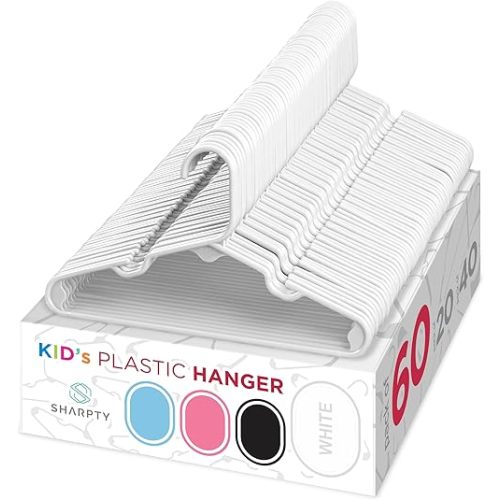 Sharpty Kids Plastic Hangers, Children's Hangers for Baby, Toddler, and Child Clothes - Everyday Standard Use - Ideal for Boys and Girls Closet, Clothing, Pants, Coats, and More - White, 60 Pack