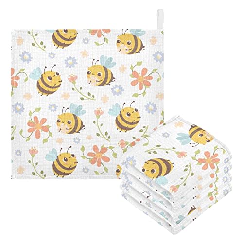 vvfelixl Baby Washcloths Cotton Bumble Bee Flowers Baby Muslin Washcloths Soft Baby Face Towel for Newborn Infants Baby Wipes, 11.8 X 11.8 Inch, 5 Pack White