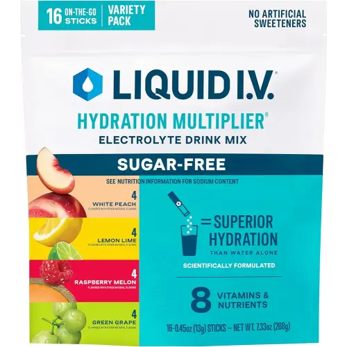 Liquid I.V.® Hydration Multiplier Sugar-Free - Raspberry Melon, Lemon Lime, White Peach, Green Grape | Electrolyte Powder Drink Mix | 1 Pack (16 Servings)
