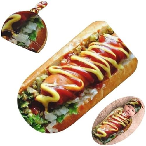 Newborn Swaddling Blanket Beanie Hat Sets Soft Baby Receiving Funny Hot Dog Food Blanket Soft Sleeping Bag New Born Soft Sleep Sacks for Boys Girls