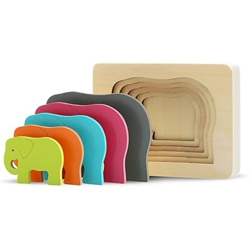 TEKOR Wooden Multi-Layered Animal Puzzles Unique Elephant Wooden Animal Puzzle Montessori Panel Early Educational Toys for Kids Ages 2 and Up | Colorful Wooden Puzzle for Toddlers