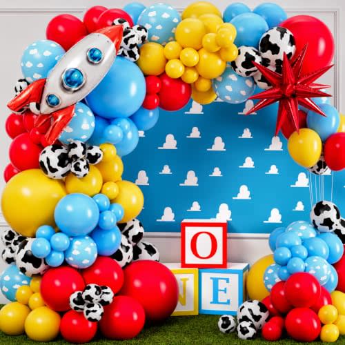 ALL-IN-1 Toy themed Balloons Arch Kit for It's A Boy Story Baby Shower Decorations – Boy Balloon Garland Kit with Cloud & Cow printed Balloons for First Toys Birthday Party Supplies