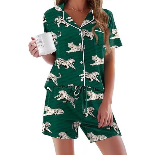Ekouaer Pajamas Set for Women Short Sleeve Sleepwear Button Down Pj XS-XXXL