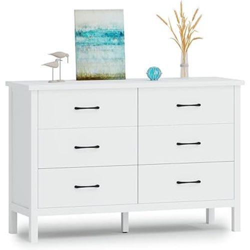 JOZZBY White Dresser for Bedroom with 6 Drawers, Modern Deep Drawer Dresser with Metal Handles, Wooden Storage Organizer Chest of Drawers for Office, Hallway