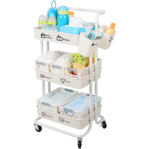 Baby Diaper Caddy Organizer Cart, 3-Tier Sturdy Movable Rolling Cart with Baskets and Hanging Cups, Large Capacity Newborn Nursery Essentials Diaper Storage for Changing Table & Crib, Easy to Assemble