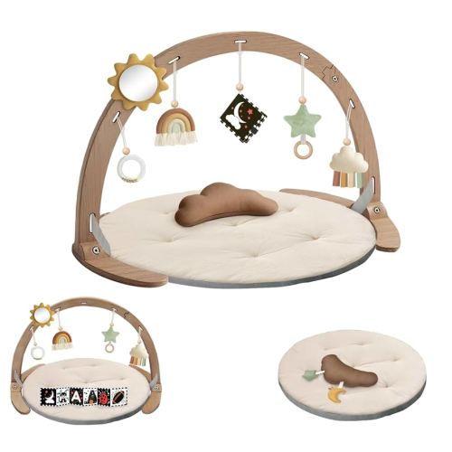 Baby Play Gym & Activity Mat, Wooden Tummy Time Mat with 6 Detachable Sensory Toys for Motor Skills & Sensory Development, Baby Essentials Shower Gift, Boho Rainbow with Pillow