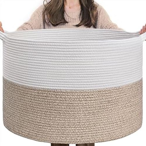 INDRESSME Large Laundry Basket, 21.7'' x 13.8'' Cotton Rope Blanket Basket Living Room Toy Baskets Storage Kids, Woven Baskets for Dirty Clothes, Pillows, Towel, 90L Light Brown