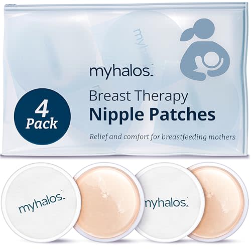 MyHalos® Nipple Pads for Breastfeeding - 4 Reusable Hydrogel Cooling Shields - Breastfeeding Essentials for Engorgement, Nipple Pain Relief - Nursing Pads for Post Partum Breast Care (4 Pack)