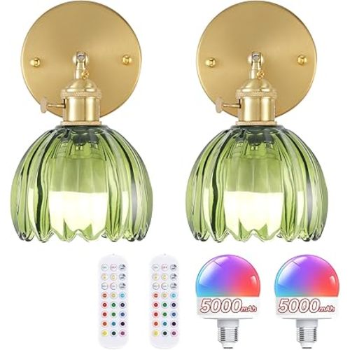 Vintage 5000 mAh Battery Operated Wall Sconce with Green Tulip Glass Lampshade Rechargeable Battery Powered Wall Light with Remote Control for Bedside Bedroom Doorway, Set of 2