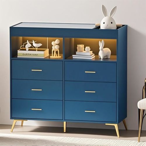 Baby Changing Table Dresser with 6 Drawers, Baby Nursery Dresser, LED Lights & Charging Station – Multifunctional Nursery Dresser with Removable Changing Top, Anti-Tip Design, Blue