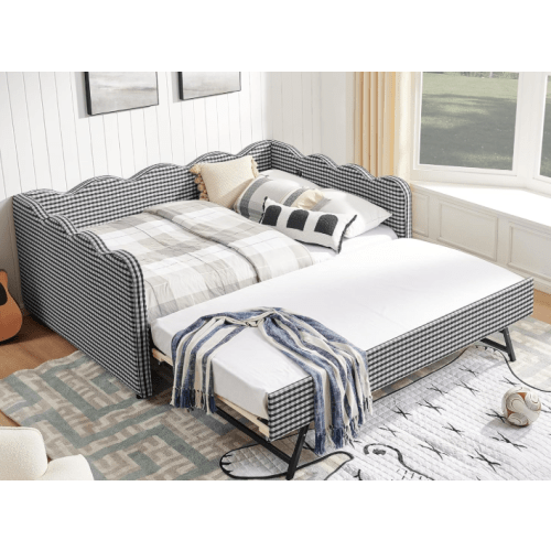 KEIKI Full Size Upholstery Daybed with Trundle and USB, Full to King Design Adorable Wave Shaped Extendable Linen Sofa Bed, Easy Assembly, No Box Spring.