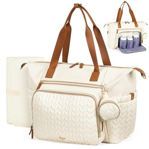 Diaper Bag Tote, Large Baby Hospital Bag for Labor Delivery Mom | Travel Diaper Tote with Changing Pad, Pacifier Case, Insulated Pockets, Luggage Sleeve, Shoulder Strap, Quilted Beige