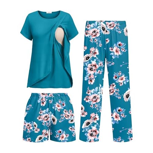 Ekouaer 3 PCS Maternity Nursing Pajamas Set Postpartum Breastfeeding Short Sleeve Shirts, Pregnancy Shorts & Pants Pjs S-XXL