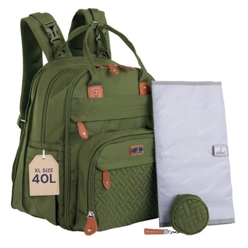 BabbleRoo Extra Large Diaper Bag Backpack, Expandable Baby Bag with Up to 50% More Capacity - Travel Essentials Baby Bag Tote with Changing Pad, Stroller Straps & Pacifier Case - Unisex, Forest Green