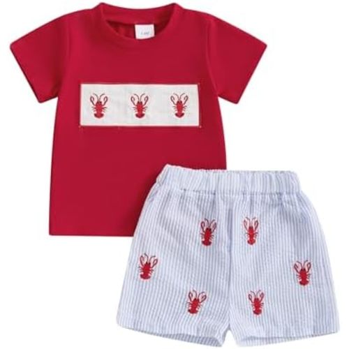 Toddler Baby Boy Summer Outfit Lobster Crawfish Embroidery Short Sleeve T-Shirt Top Striped Shorts Set Ocean Clothes