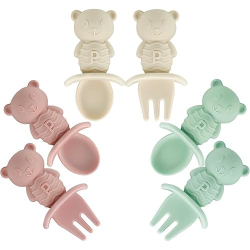 PandaEar 6 Pack Baby Led Weaning Spoons Forks 6+ Months | Silicone Baby Spoons and Fork Self Feeding Utensils, Toddler Infant Anti-Choke Feeding Utensils, Bear Shape (Pink Green Linen)