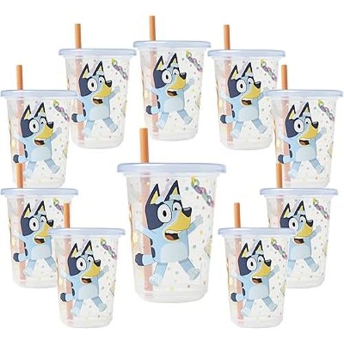 The First Years Bluey Take & Toss Toddler Straw Cups - Spill Proof Toddler Sippy Cups with Snap On Lids and Straws - Bluey Gifts and Bluey Party Supplies - 10 Oz - 10 Count