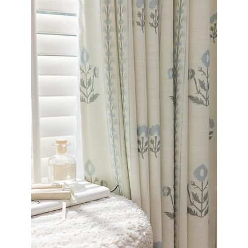 Linen Blend Pinch Pleated Curtains for Living Room, Bedroom, Dining Room - Light Filtering Curtains 2 Panels Set - Luxury & Modern Floral Printed Design - Antique White, 30" W x 108" L