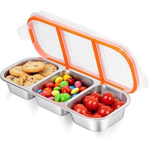 Stainless Steel Snack Containers - Reusable 3 Compartment Condiment Box with Lids for Kids Adults, Grab and Go Divided Snack Food Storage Containers Sauce Cups for School, Travel