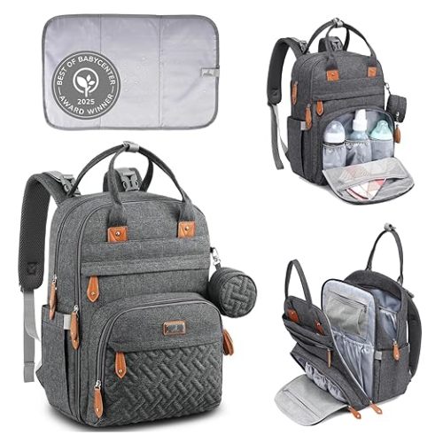 BabbleRoo Diaper Bag Backpack - Baby Essentials Travel Tote - Multi Function Water Resistant Diaper Bag, Travel Essentials Baby Bag with Changing Pad, Stroller Straps & Pacifier Case - Dark Gray
