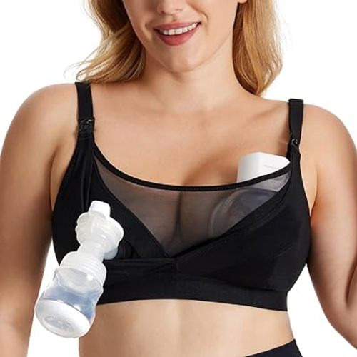 Momcozy Mesh Support Pumping Bra Hands Free Suitable for 36C-44G, HF018 Comfortable Plus Size Pumping and Nursing Bra in One - XX-Large Plus - Black