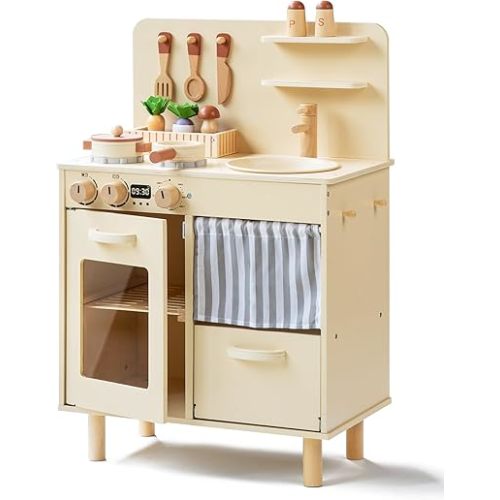 Wooden Play Kitchen for Kids, Realistic Pretend Kitchen Playset with Swivel Faucet & Kitchen Accessories Set for Toddlers Ages 3+