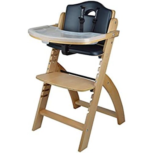Abiie Beyond Wooden High Chair with Tray. The Perfect Adjustable Baby Highchair Solution for Your Babies and Toddlers or as a Dining Chair. (6 Months up to 250 Lb) (Natural Wood - Black Cushion)