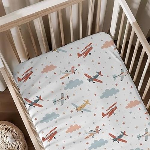 Cartoon Planes Clouds Stars Pattern Baby Sheets for Crib, Unisex Plane Nursery Fitted Bed Sheet for Boys Girls Standard Crib and Toddler Mattress-28x52