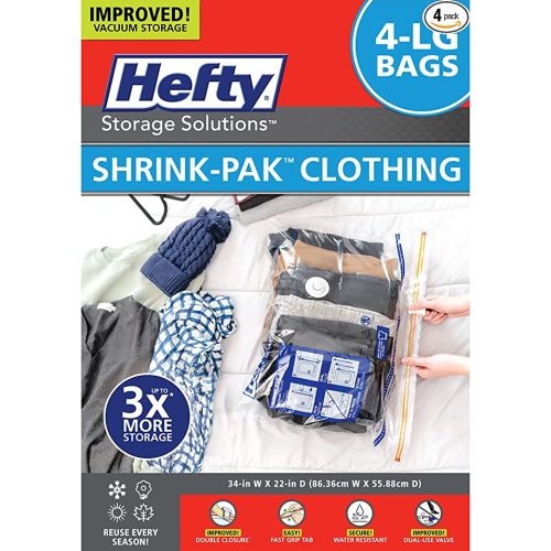 Hefty Shrink-Pak - 4 Large Vacuum Storage Bags for Clothes, Pillows, Towels, or Blankets - Space Saver Vacuum Sealer Bags Ideal Under Bed Storage Solutions