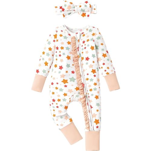 PATPAT Baby Girl Boy Footie Clothes, Bamboo Viscose, 2-Way Zipper, Fold-Over Mittens & Cuffs with Hat/Headband