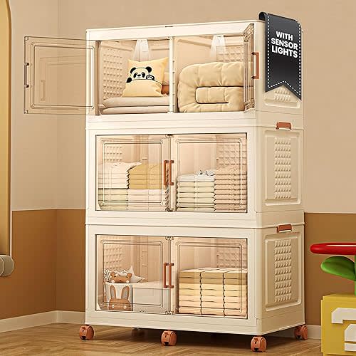 568QT/141Gal 3 Pack Stackable Storage Bins with Lids & Doors - Sensor Lights, Collapsible Storage Bin with 6 Wheels, Plastic Foldable Organizer for Home & Office Use