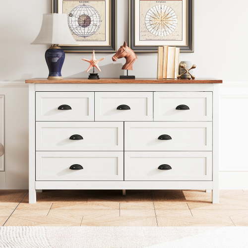 Dresser for Bedroom, Modern White Dresser with Metal Handles, Wide Chest of Drawers with 7 Drawers, Wooden Double Dresser Storage Cabinet for Living Room, Bedroom, Hallway