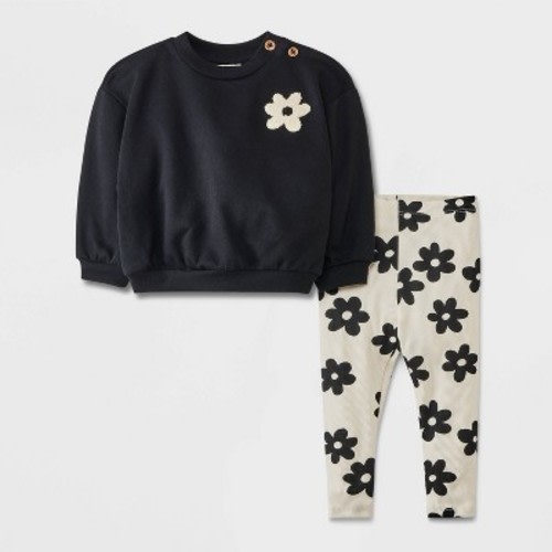 Baby Girls' Fleece Sweatshirt & Ribbed Leggings - Cat & Jack™, Color: Black, Size: 6-9M