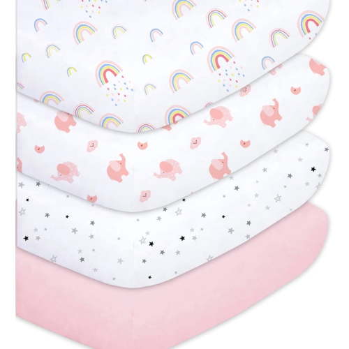 Little Grape Land Crib Sheets for Baby Boys 4 Pack, 28"x 52" Extra Soft Microfiber Crib Sheet Set for Standard Crib & Toddler Mattress Pad, Rainbow & Elephant & Stars & Pink