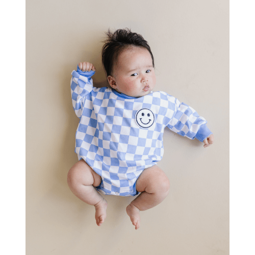 Bubble Romper | Checkered Smiley Blue