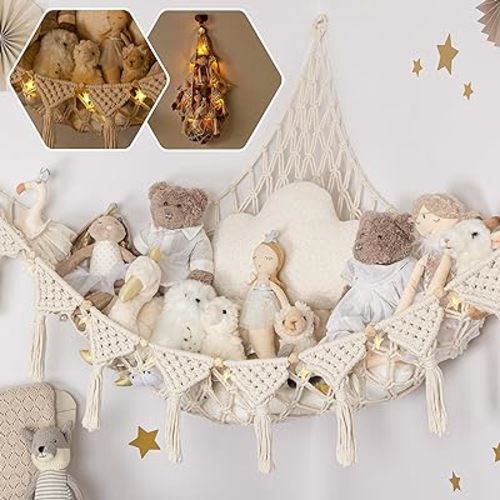 Stuffed Animal Hammock Corner | Sturdy Handcrafted Stuffed Animal Net | 4mm Double Macrame Cord Stuffed Animal Holder | Natural 100% Cotton Plushie Net | Toy Hammock w/LED Light (Ice Cream)