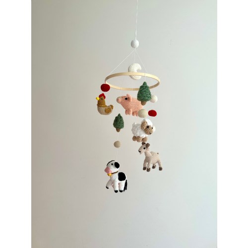 Farm animals baby mobile, crochet farm animals nursery, handmade pig, chicken, goat, cow, sheep baby mobile, baby shower gift