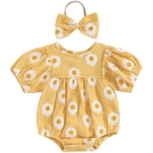 Baby Girl Rompers Daisy Print Short Sleeve Infant Bodysuit Summer Newborn Girl Linen Cotton Jumpsuit Clothes Headband