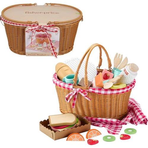 Fisher-Price Wood Pretend Play Toy Picnic Basket, 31-Piece Wooden Food Playset for Preschool Kids Ages 3+ Years
