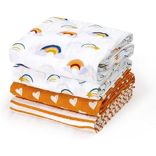 david's kids 4 Pack Baby Muslin Swaddle Blankets, 100% Cotton Swaddling Blankets Wrap for Boys Girls, Ultra Soft Breathable Receiving Blanket, New Born Essentials,Rainbow