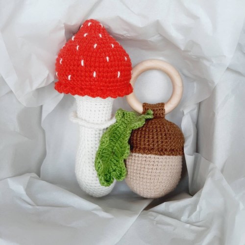 Mushroom acorn baby rattle woodland nursery decor, Autumn crochet rattle woodland baby shower gift, Set of 2 rattle mushroom and acorn