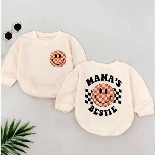 Mama&#39;s Bestie Romper Sweatshirt, Checkerboard Smiley Baby Outfit, Trendy Toddler Pullover, Baby Boy Clothes,Baby Girl Clothes,Cute Gift Idea