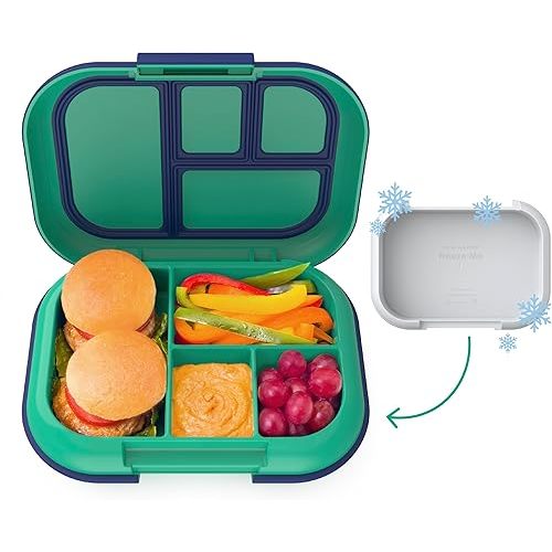 Bentgo Kids Chill Leak-Proof Lunch Box - Included Reusable Ice Pack Keeps Food Cold; 4-Compartment Bento Lunch Container; Microwave/Dishwasher Safe; 2 Year Manufacturer's Warranty (Green/Navy)