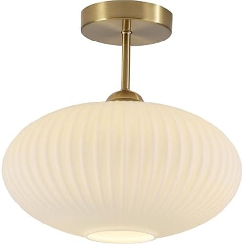 BOKT Vintage Ceiling Light Fixture 9.8" Lantern Shape Milk White Glass Ceiling Light Mid Century Modern Ceiling Pendant Light for Bedroom, Dining Table, Stairway