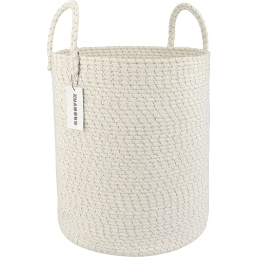 Cotton Rope Laundry Basket Hamper for Clothes Woven Storage Basket for Living Room Bedroom Boho Tall Rope Baskets for Blanket Toys Pillow Towels Baby Nursery Hamper Bin striped