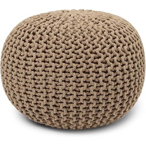 REDEARTH Round Pouf Ottoman - Hand Knitted Cable Boho Poof Home Décor Pouffe Circular Footrest for Living Room - Bedroom - Lounge - 100% Cotton (19.5"x19.5"x14") - Beige
